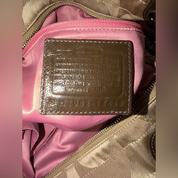 Coach Signature Stripe Khaki Satin Tote Bag Brown Leather Trim Style 14449 - Picture 2 of 16